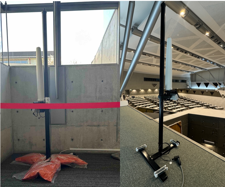 図1　日野キャンパス2号館内の測定装置設置の様子（（左）B1F多目的ギャラリー、（右）2F大講義室A）