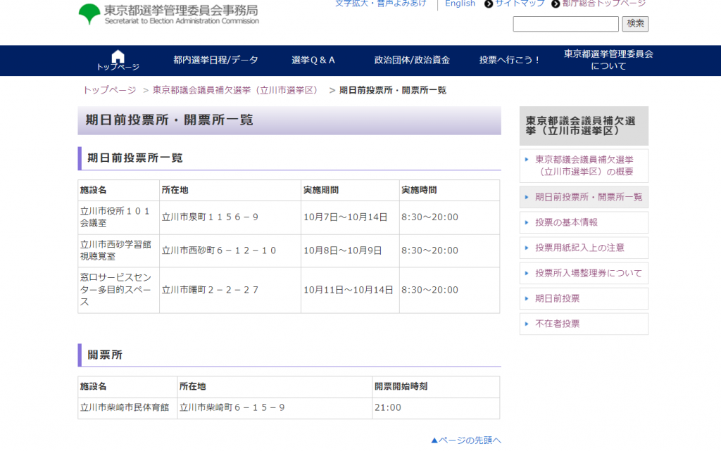 東京都選挙管理委員会ホームページに詳細な情報を掲載